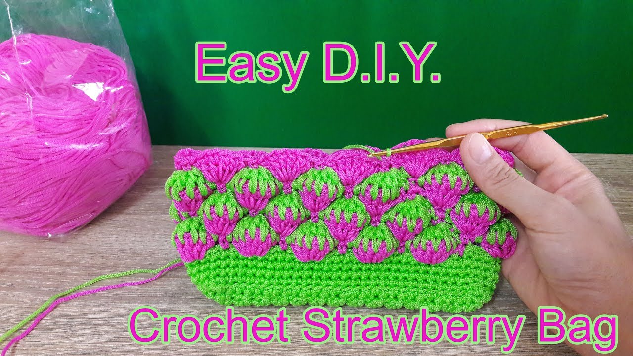 DIY Tutorial - Easy Crochet Strawberry Bag | ถักกระเป๋าเชือกร่มแบบง่ายๆ  ลายสตรอเบอรี่