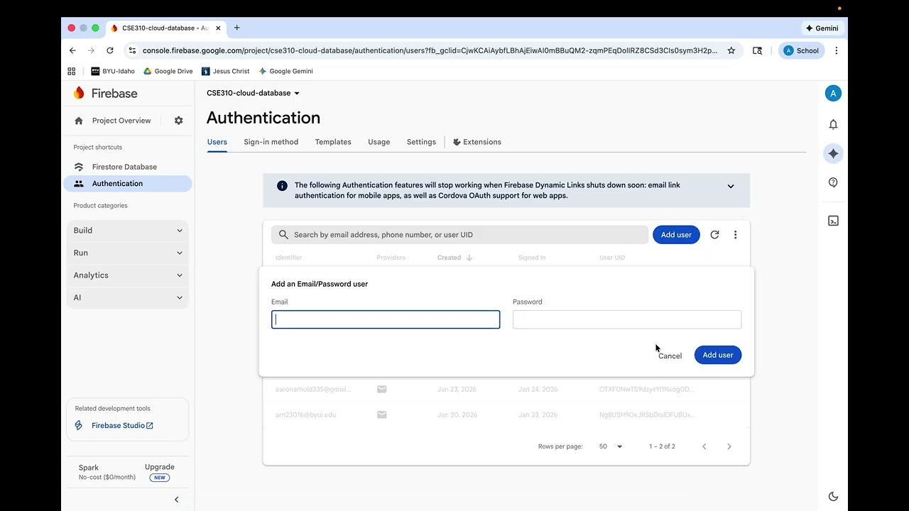 Sprint 1 Cloud Database Demo (Google Firebase)
