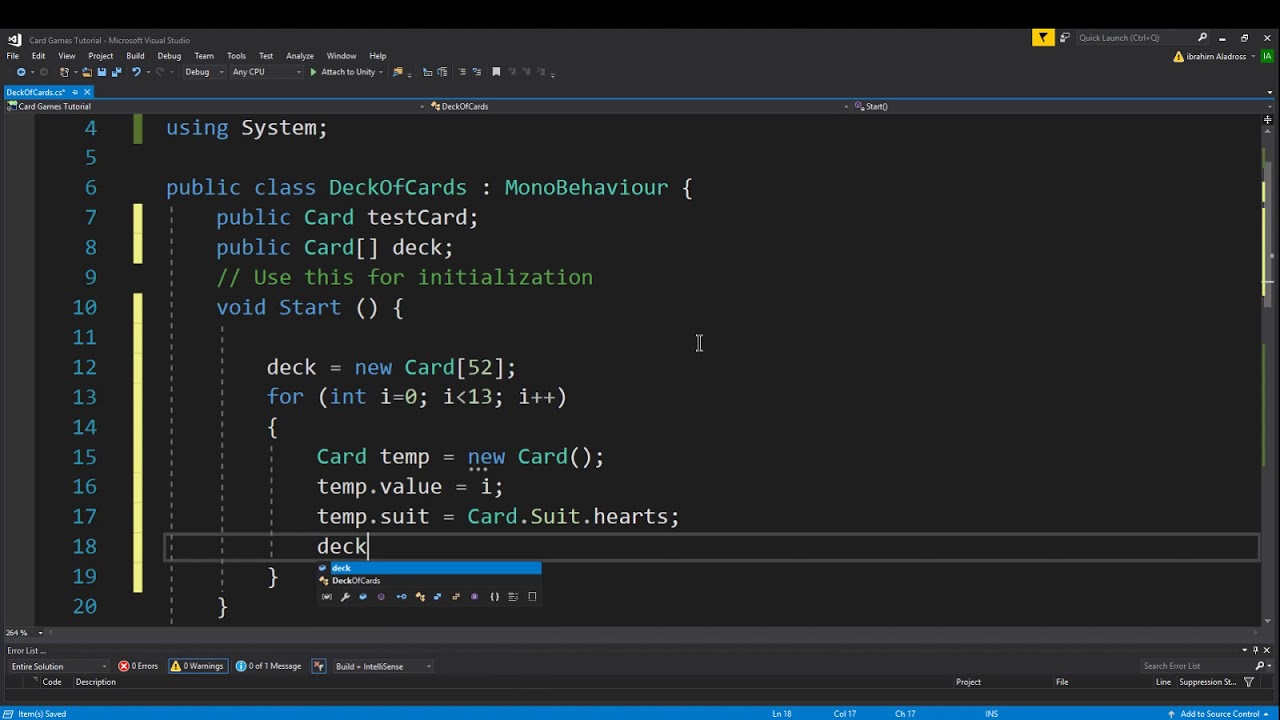Card Game Tutorial (Video 2) Generating a standard deck of cards