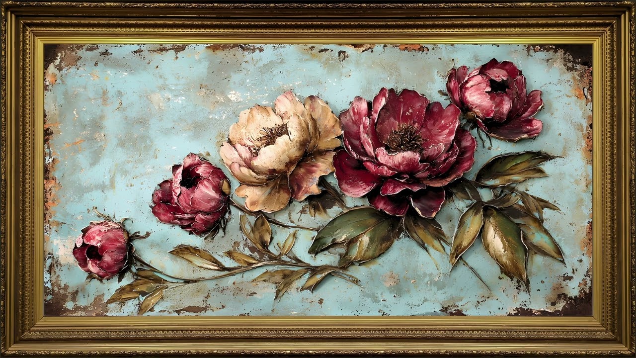 Antique Roses in Shabby Chic, Aged Oil Painting | Vintage Valentine Framed TV Art Screensaver