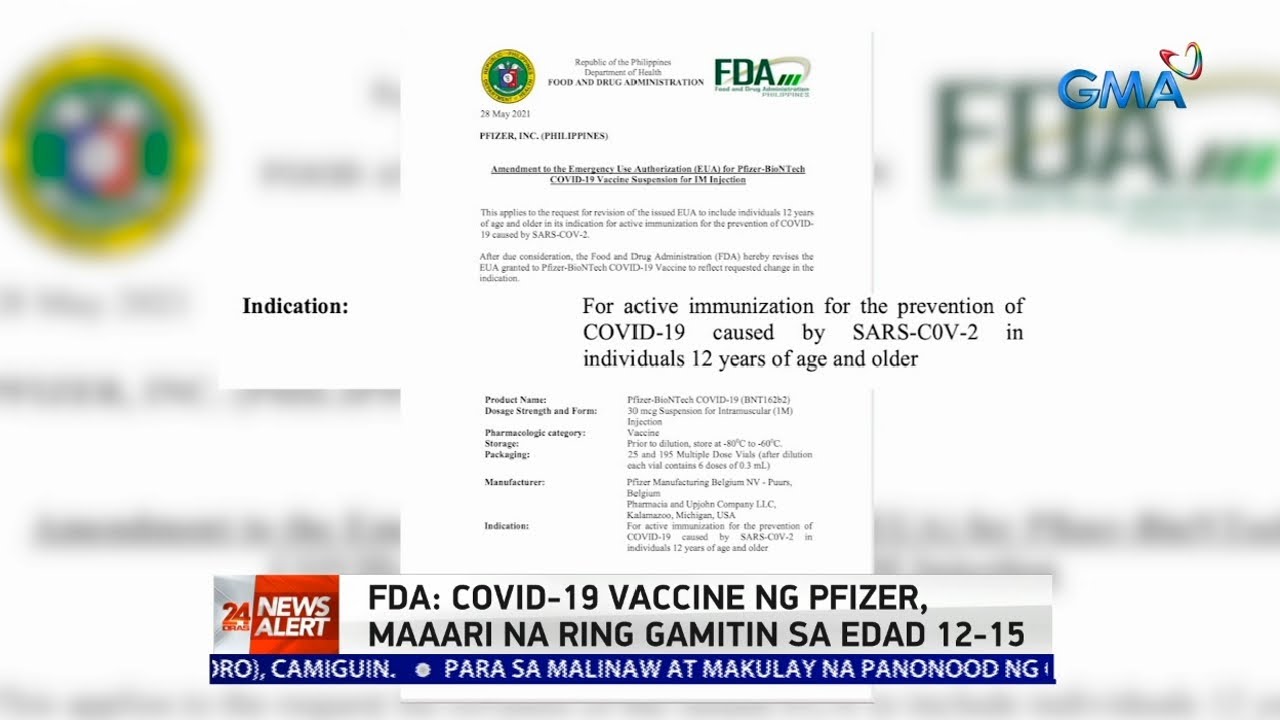 DOH: Pfizer COVID-19 vaccine now approved for individuals aged 12 and above | 24 Oras News Alert