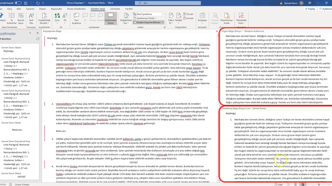 İki Word Dosyası Karşılaştırma Yapma Güncellediğiniz Dosyalardaki Değişiklikleri Bulun