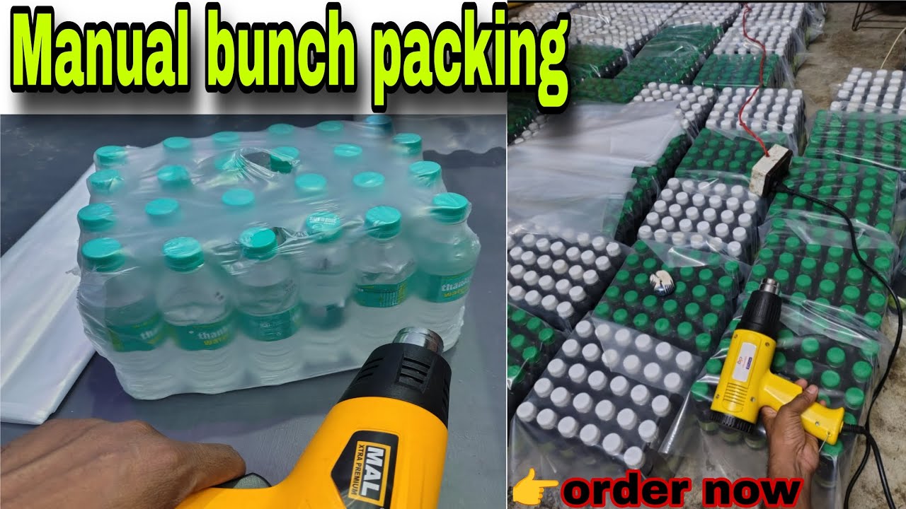 Manual bunch packing with heat gun | water bottle shrink packet #shrinkwrap #waterbottling 