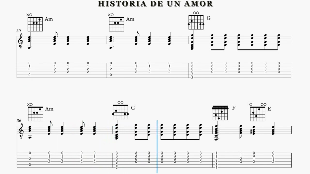 Historia de un amor - Chords, rhythmic style and arpeggio with sheet music and TAB 2 VIDEO
