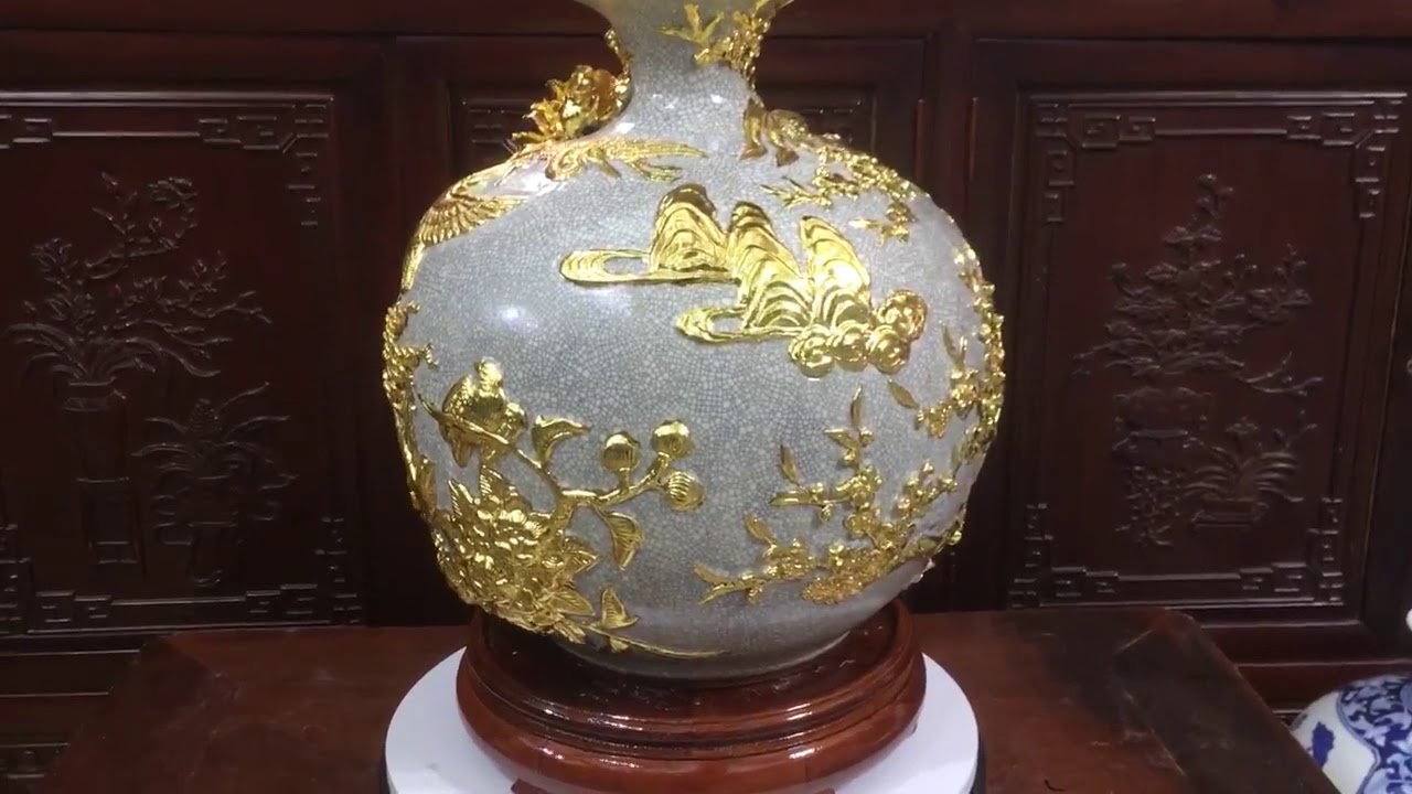 Gốm sứ bát tràng - Bình hút tài lộc men rạn dát vàng