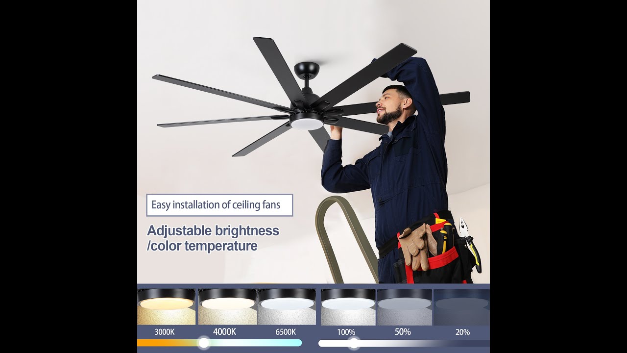 Sevenine 72 inch Large Black Ceiling Fans With Lights and Remote Wood Blades Ceiling video