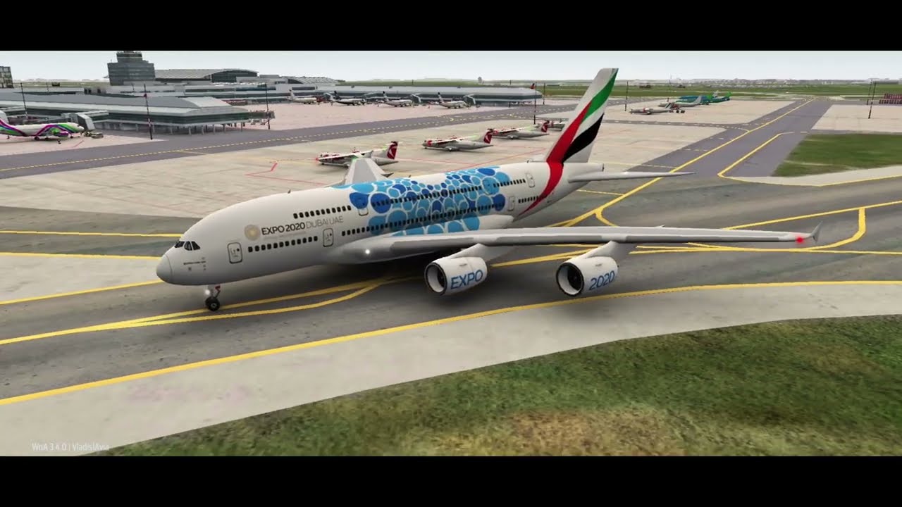 Airbus A380 unique Emirates Expo 2020 Blue livery, Dubai, UAE at Prague, landing, takeoff. A388