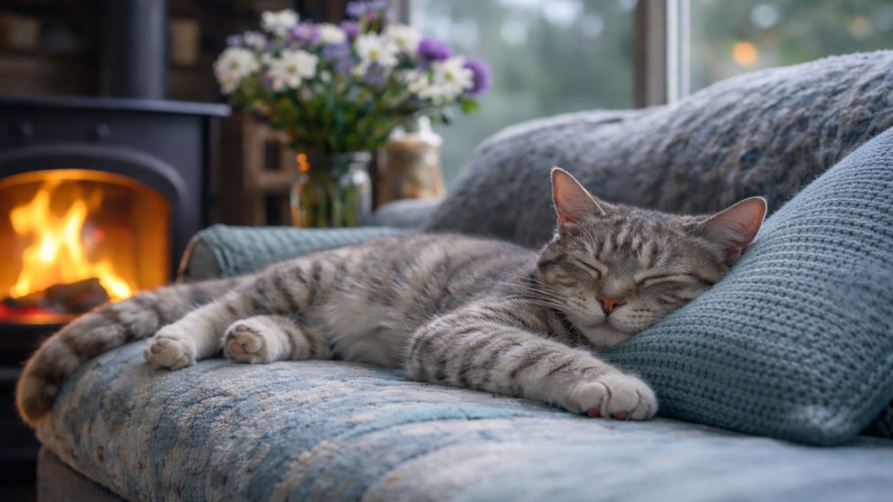 Cozy Fireplace Piano for Cats 🐾 Deep Sleep on the Sofa | 2-3 Hours Calming Cat Music