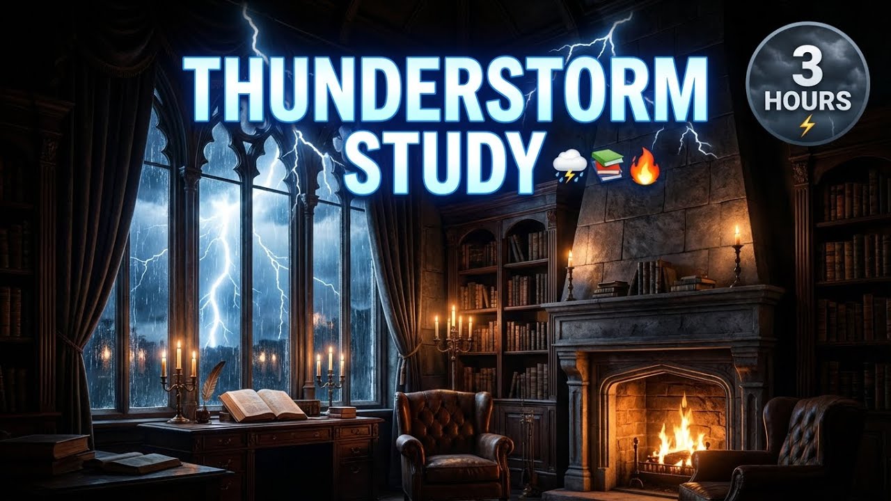 3 Hour Thunderstorm Study Music for Focus ⛈️🎹 Soft Piano, Fireplace & Rain Sounds 