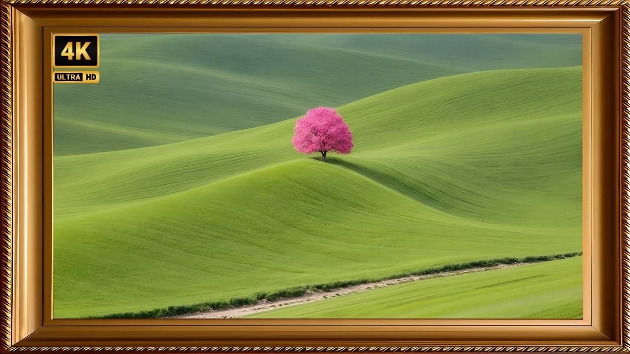 Lone Pink Tree Hills 4K 🌸 Frame TV Art | Minimalist Spring Landscape