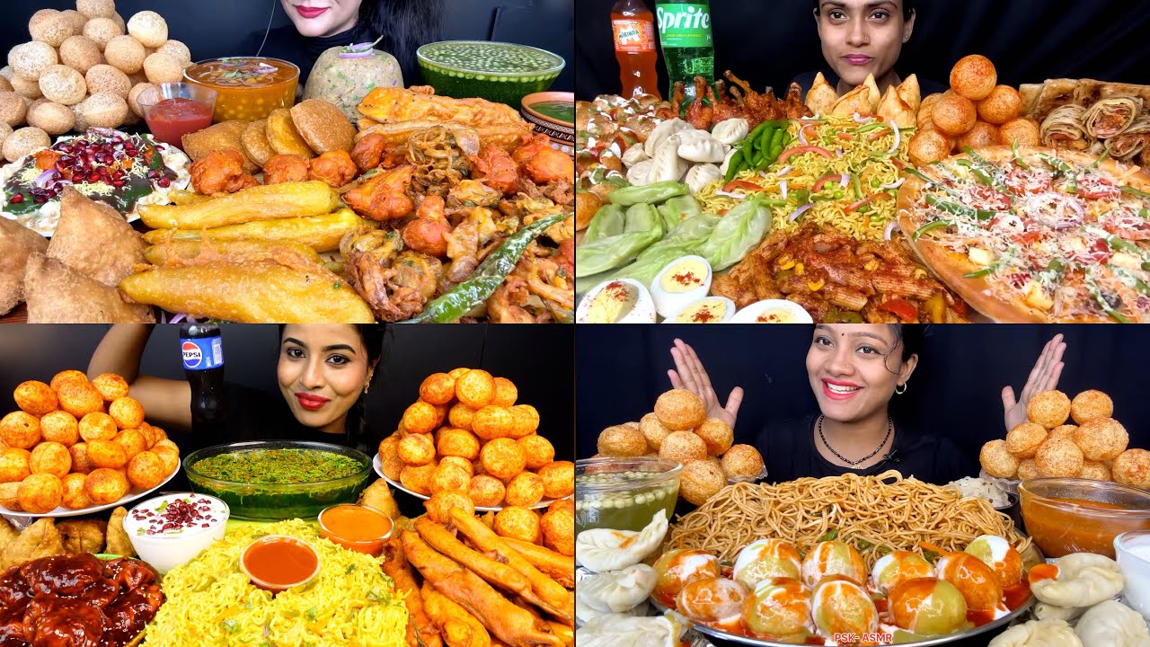 Asmr:Eating Spicy Panipuri,Maggi,Samosa,Ghugni,Chicken Momo,Pasta,Pizza,Chowmin,Pakoda,Spring Roll🔥