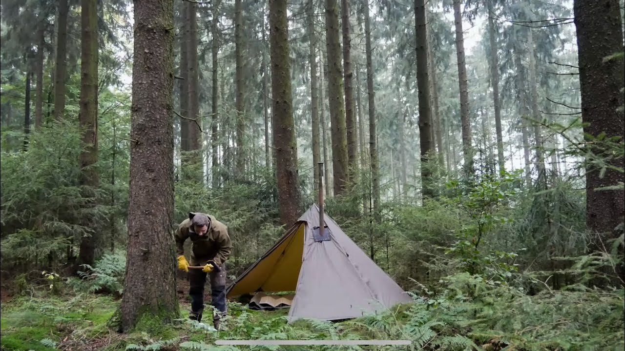 Solo hike into the foggy forest with hot tent - tentstove beef