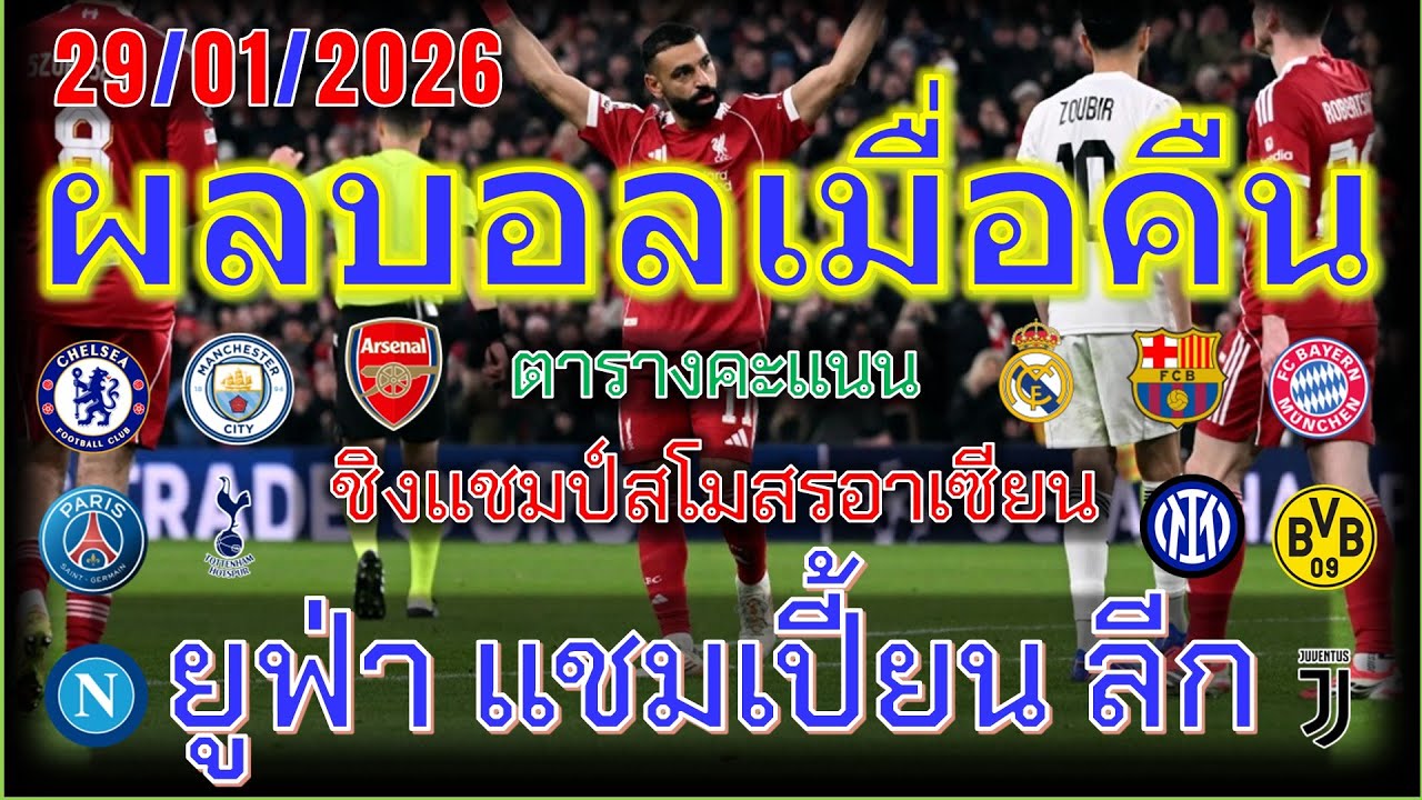 ผลบอลเมื่อคืน/ยูฟ่า แชมเปี้ยนส์ลีก/เมืองไทย คัพ/ฟุตบอลชิงแชมป์สโมสรอาเซียน/ซาอุดิฯ ลีก/29/1/2026