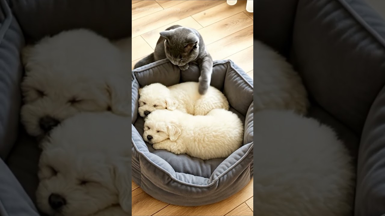 Chartreux Cat Gently Pets Sleeping Bichon Puppies🐱🐶💛