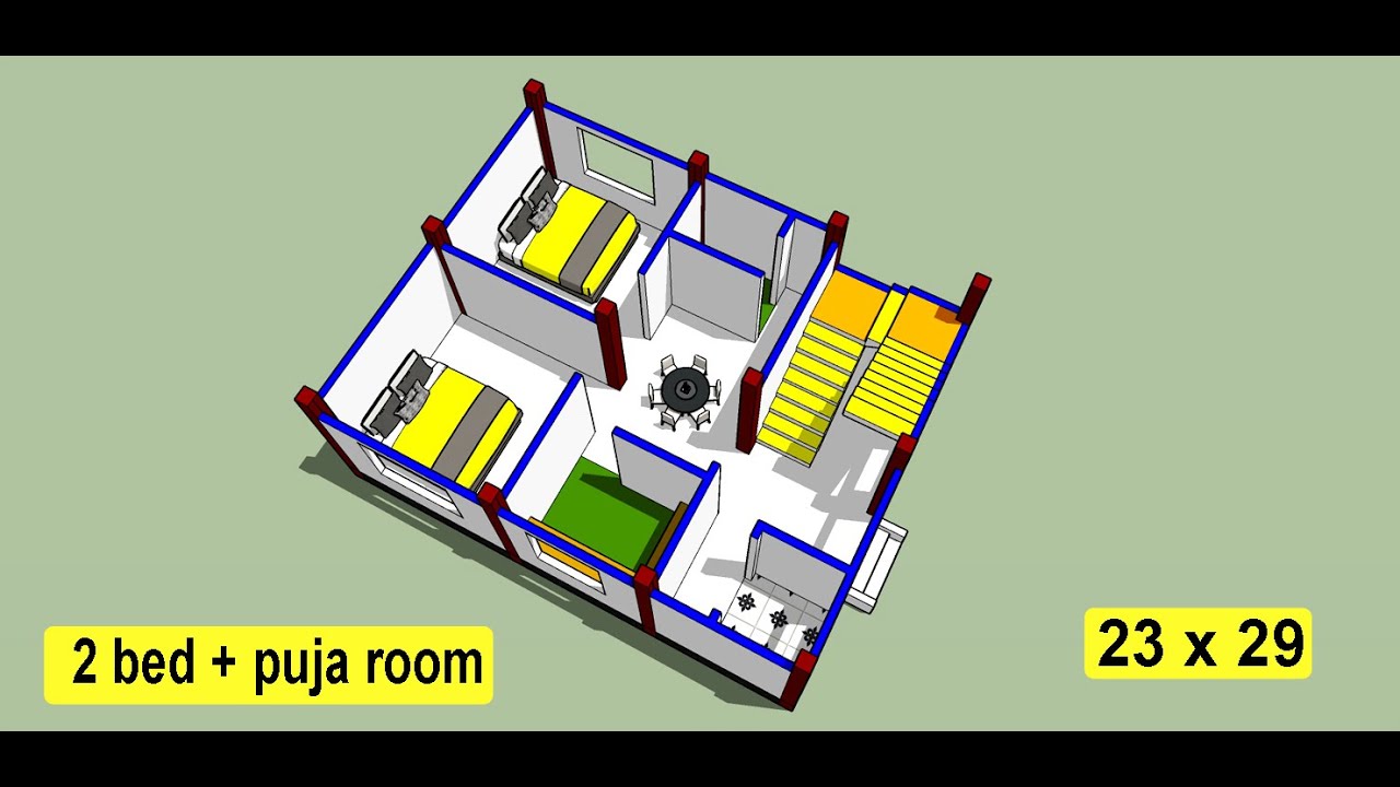 23 x 29 house plan with puja room II 23 x 29 best ghar ka naksha II 2 bedroom village house plan