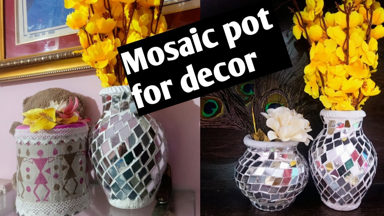 सुंदर पोट बनाएं मिरर से / Room decor with DIY mosaic pot / white cement mosaic pot #joinwithdisha