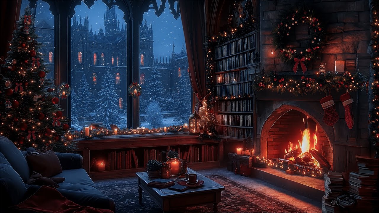 Cozy Winter Reading Nook in a Gothic Manor | Dark Academia Christmas with Fireplace Ambience