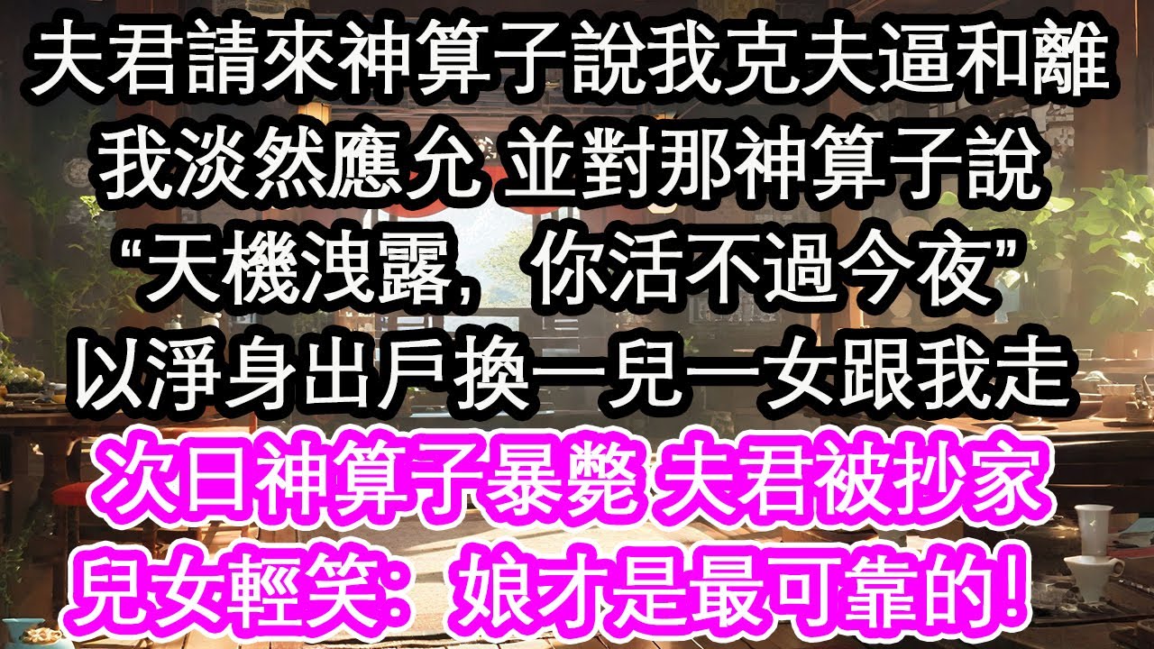 夫君請來神算子說我克夫逼和離我淡然應允 並對那神算子說“天機洩露，你活不過今夜”以淨身出戶換一兒一女跟我走次日神算子暴斃 夫君被抄家兒女輕笑：娘才是最可靠的！【花开】【爱情】【生活】