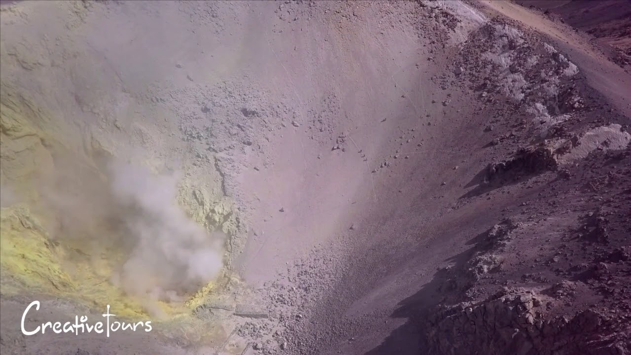 5300 meters above sea level drone view of trekkers inside a cone of an active volcano!!