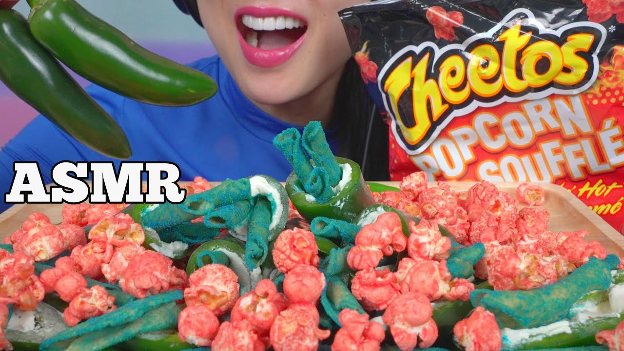 ASMR BLUE TAKIS + JALAPENOS CREAM CHEESE HOT CHEETOS POPCORN (EXTREME CRUNCH) NO TALKING | SAS-ASMR
