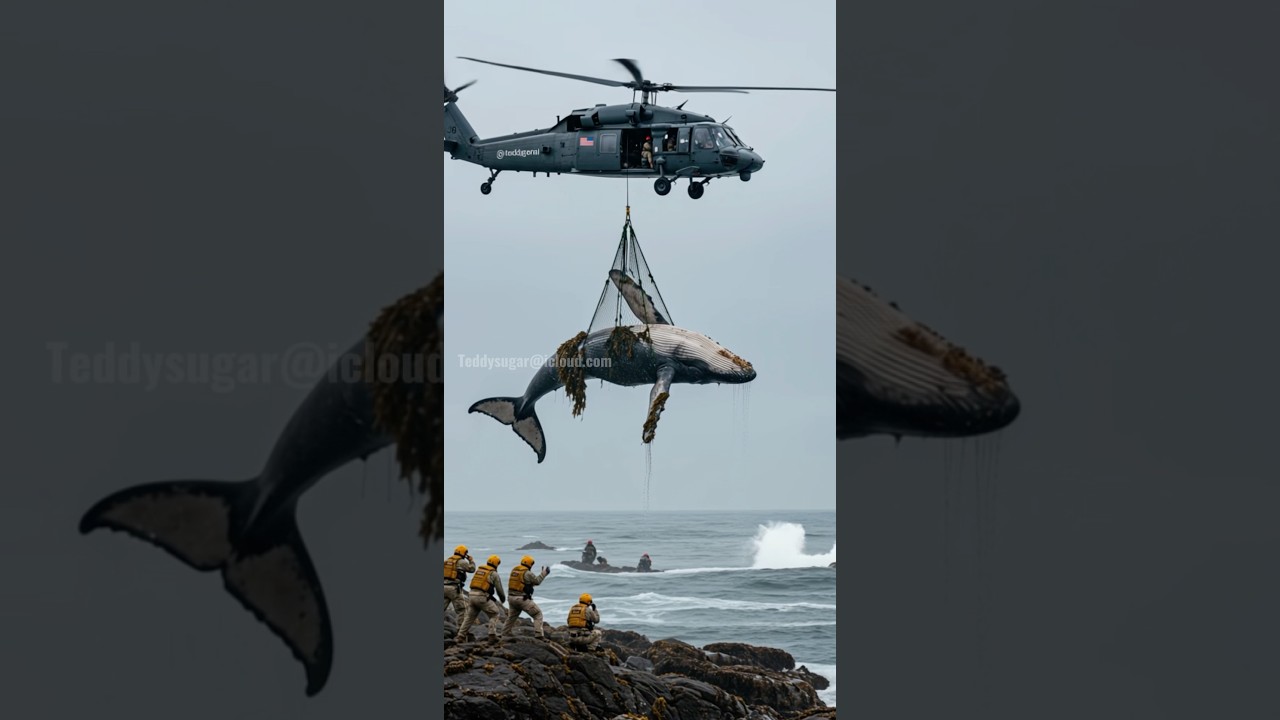 Helicopter rescues stranded super rare blue whale