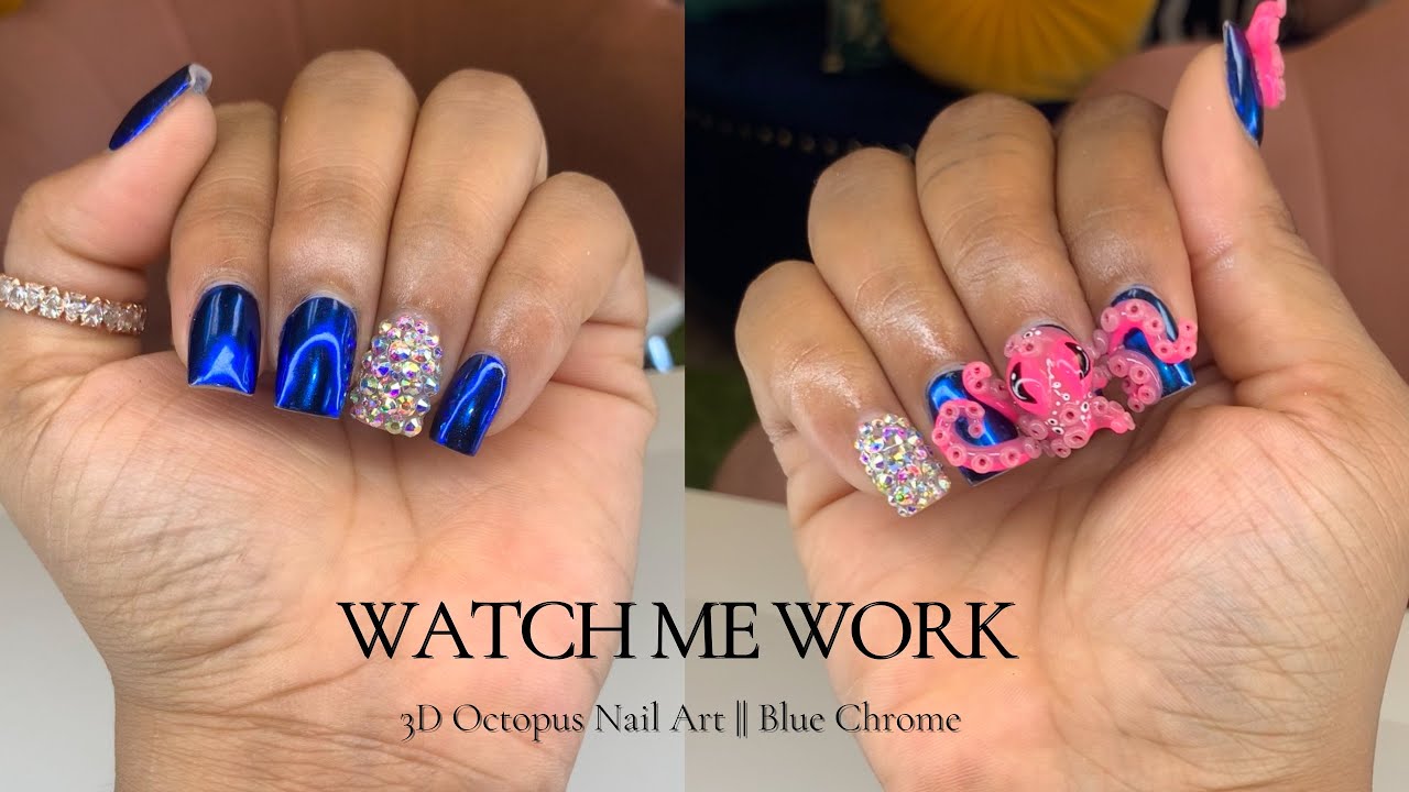 3D Sculpted Octopus & Royal Blue Chrome | Freestyle Nail Design | Watch Me Do My Nails