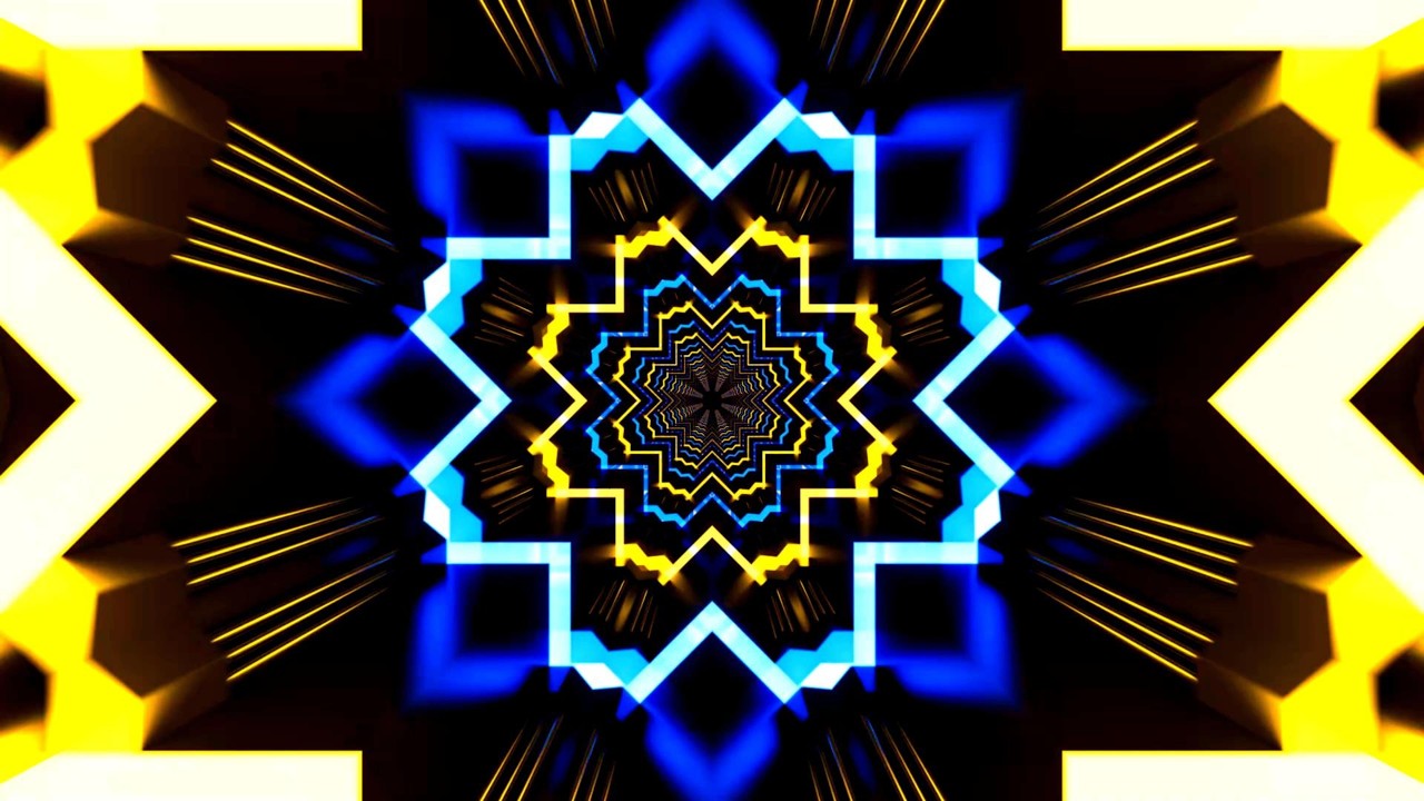 🎬 Mute Vision 4K – Futuristische Neon-Mandala in Blau und Gelb mit Hypnotischer Bewegung (Ohne Ton)