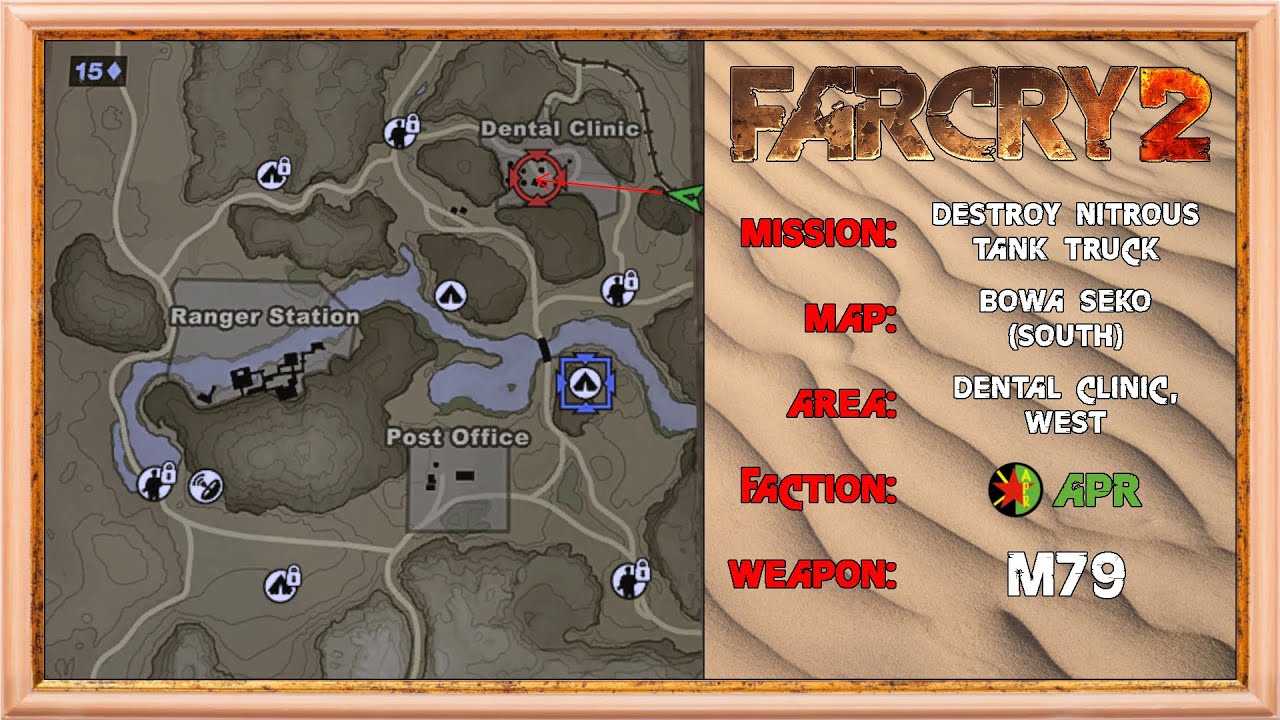 Far Cry 2 - Trickshot Tutorial - Southern Map, 1st APR mission, Dental Clinic, M79