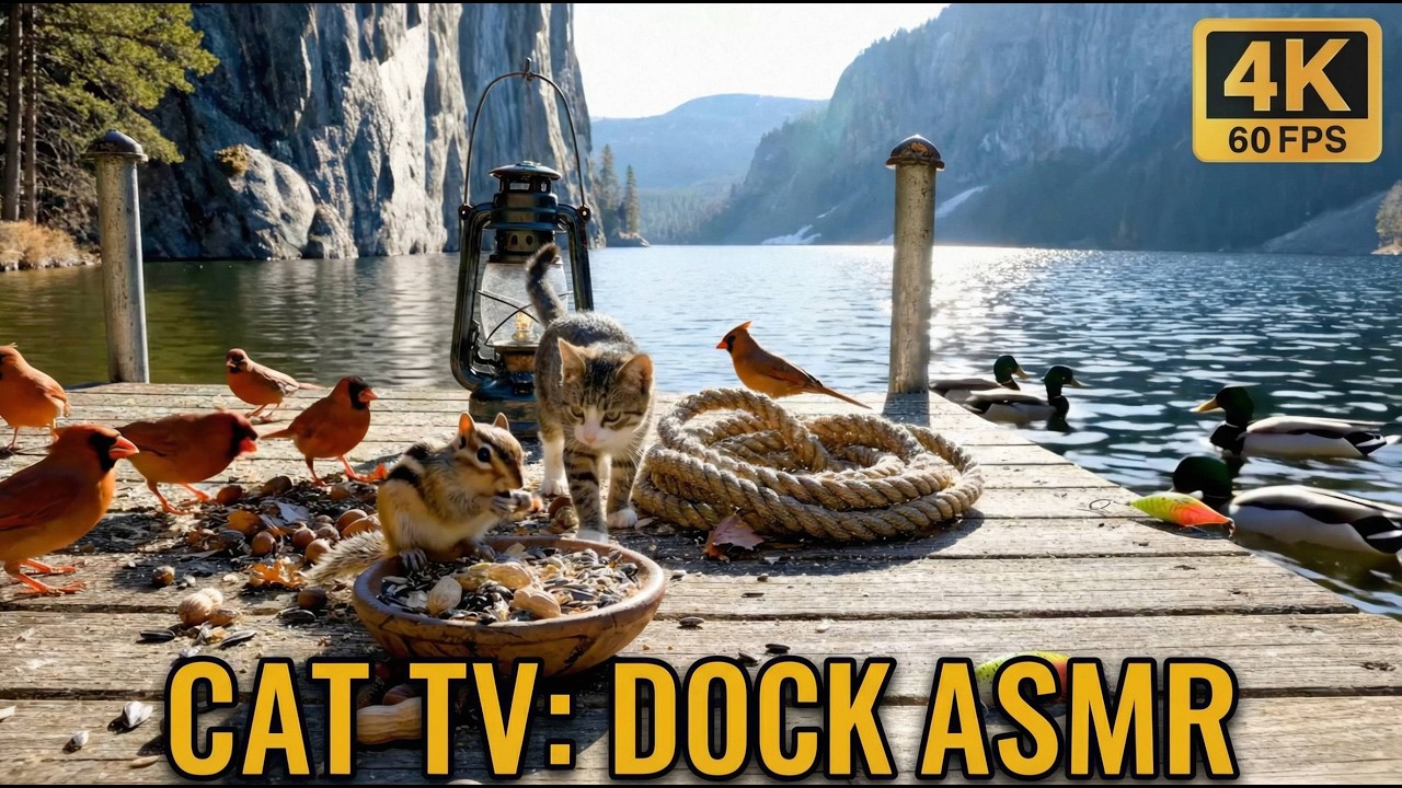 Cat TV for Cats to Watch 🦆 Sleeping Ducks on Dock & Majestic Cliffs - 8 Hours