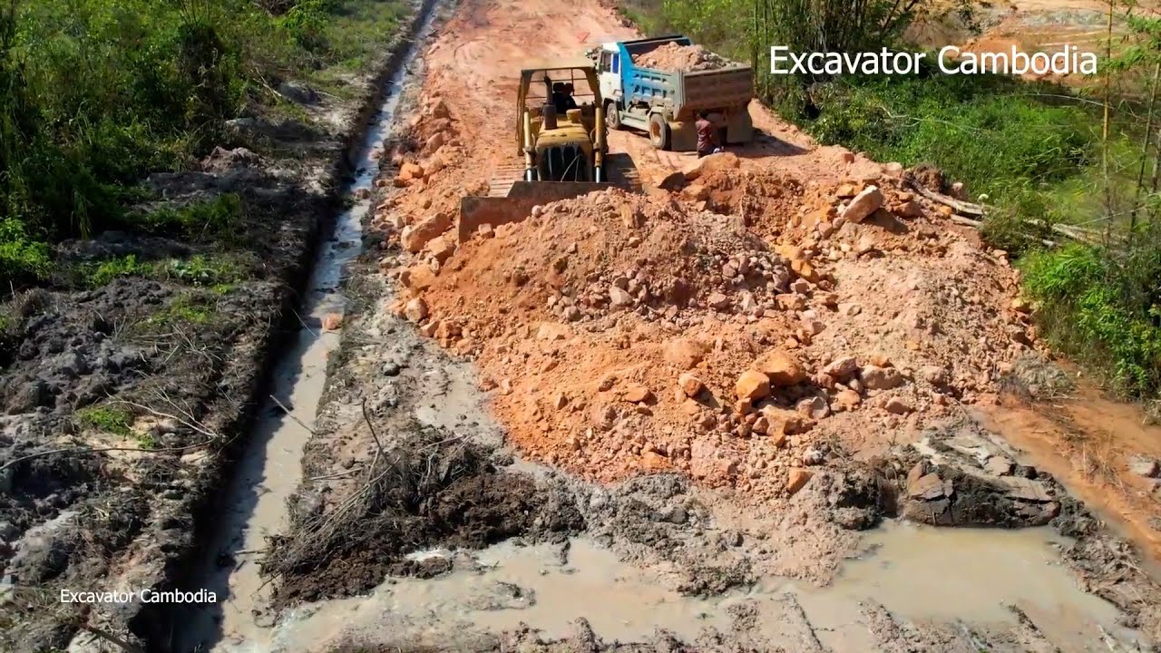 Incredible Project Operator Skill Bulldozer Pushing Dirt And 5t Truck Dumping Dirt Building Road.