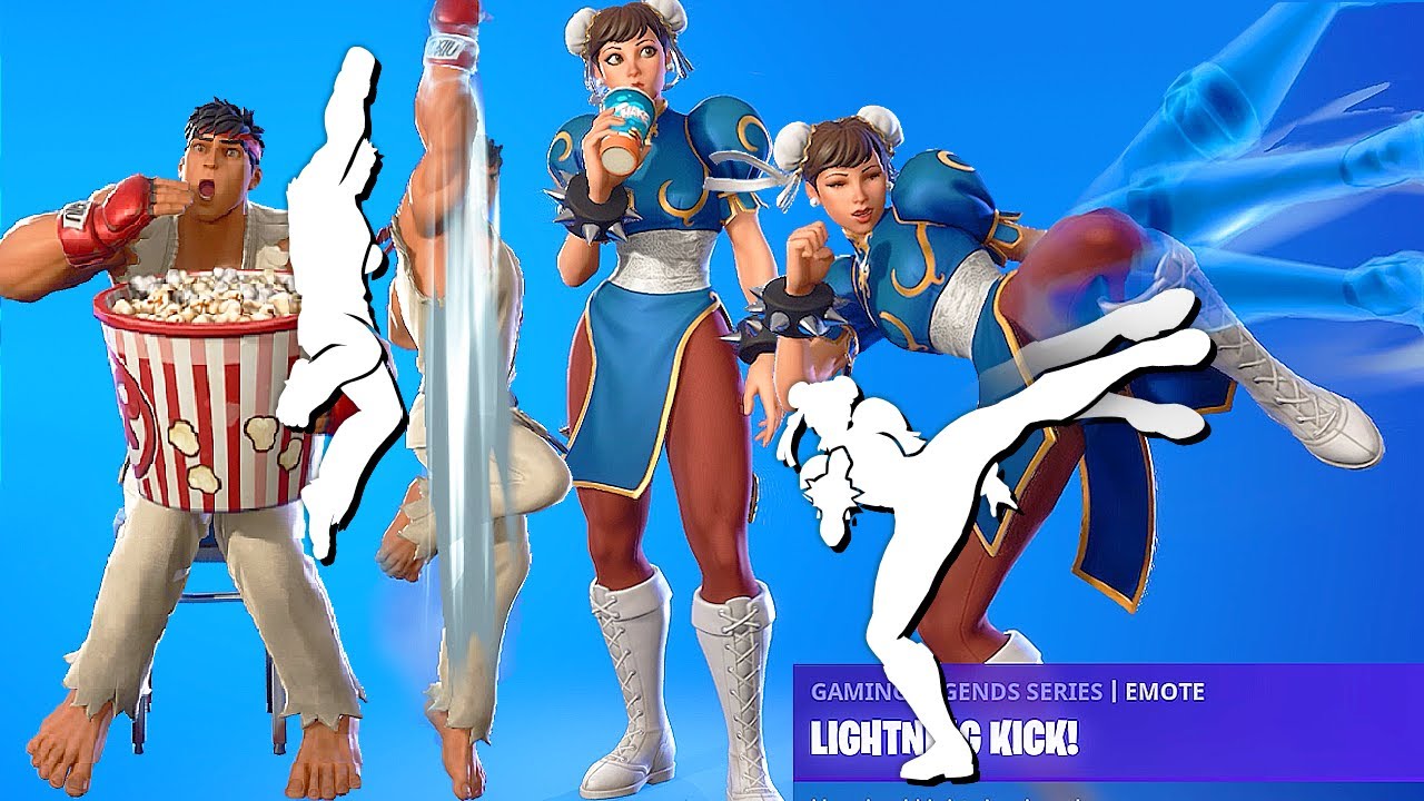 Fortnite Chun-Li & Ryu (Street Fighter) Skins, Lightning Kick! & Shoryuken! Built-In Emotes showcase