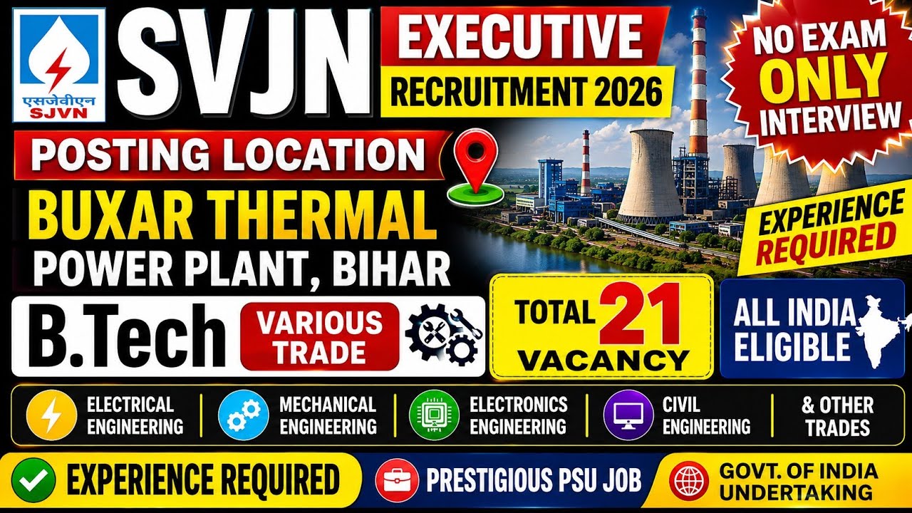 SJVN Executive Recruitment 2026 🔥 No Exam Only Interview | 21 Vacancy | B.Tech Eligible |Buxar Bihar