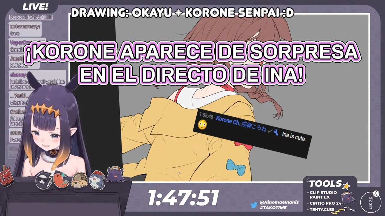 [Hololive][Sub. Español] ¡Ina es visitada por Korone, mientras ella le hacía un dibujo de OkaKoro!