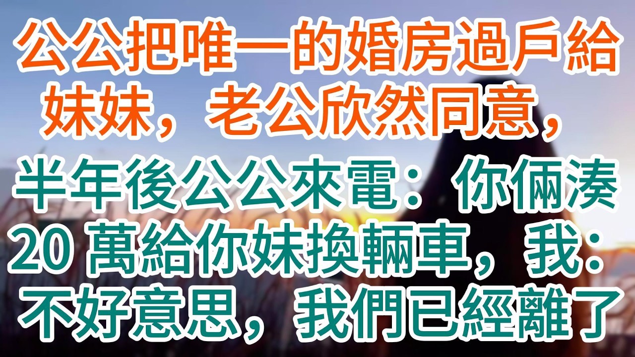 公公把唯一的婚房過戶給妹妹，老公欣然同意，半年後公公來電：你倆湊 20 萬給你妹妹換輛車，我：不好意思，我們已經離了！#夜讀人生#許慢慢講故事#小说#情感故事 #幸福生活#有声小说#婆媳故事#子女