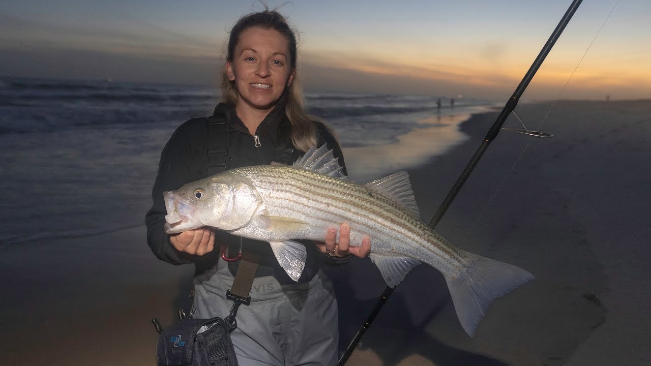 CATCHING SUNSET STRIPED BASS OFF JONES BEACH LONG ISLAND NEW YORK - SURF FISHING