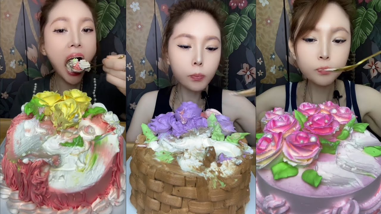 Asmr Mukbang Floral Cream Cakes Eating Sounds | Colorful Buttercream Flower Dessert