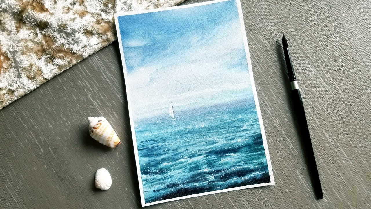 Easy Watercolor Painting Misty Ocean/ Seascape