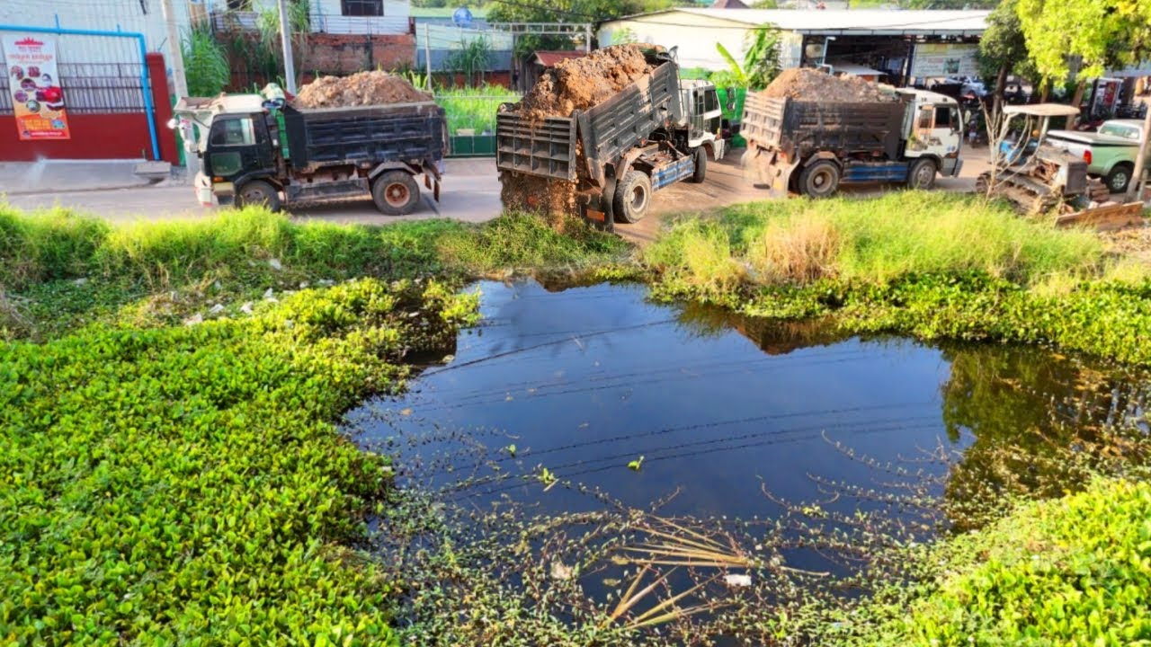 First Start PERFECT New PROJECT Delete POND Deep Water by 5-T Dump Truck Overloading & Dozer Pushing