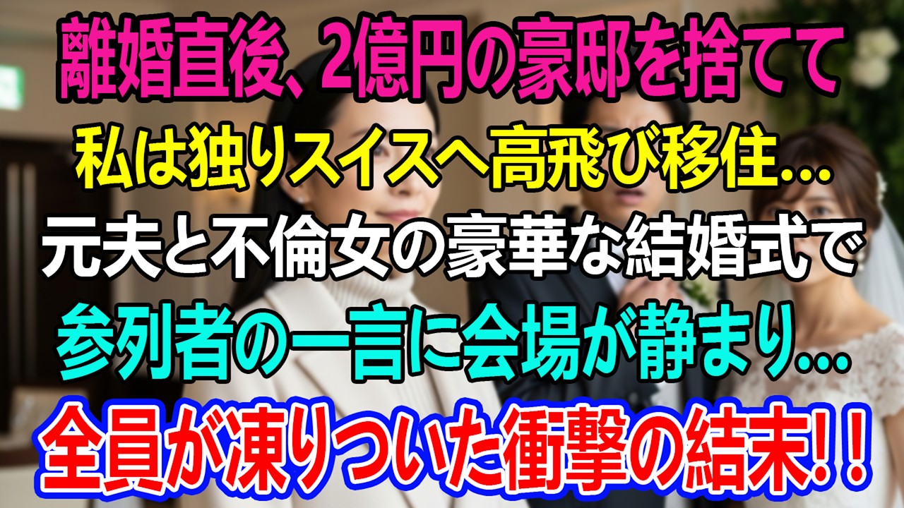 離婚してすぐ、私は2億円の家を置いてスイスへ移住した。その頃、元夫と愛人の結婚式が行われていた。だが披露宴の最中、ある参列者の一言で会場が静まり返った――。