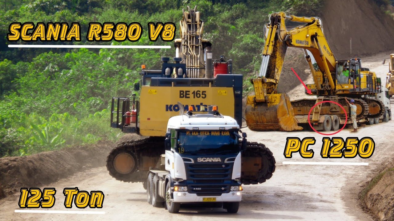 AKSI TRUCK SCANIA R580 MATIC MUATAN 125 TON , Excavator Komatsu PC1250, Mobilisasi Alat Berat