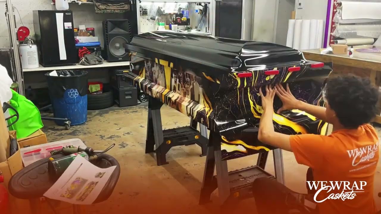 Watch This Stunning Casket Wrap Time-Lapse | Black and Gold Custom Casket Design by We Wrap Caskets