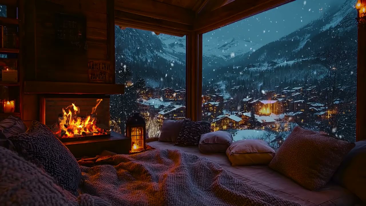 Frosty Winter Night at a Secluded Cabin with Glowing Fireplace and Falling Snow for Deep Sleep, Calm