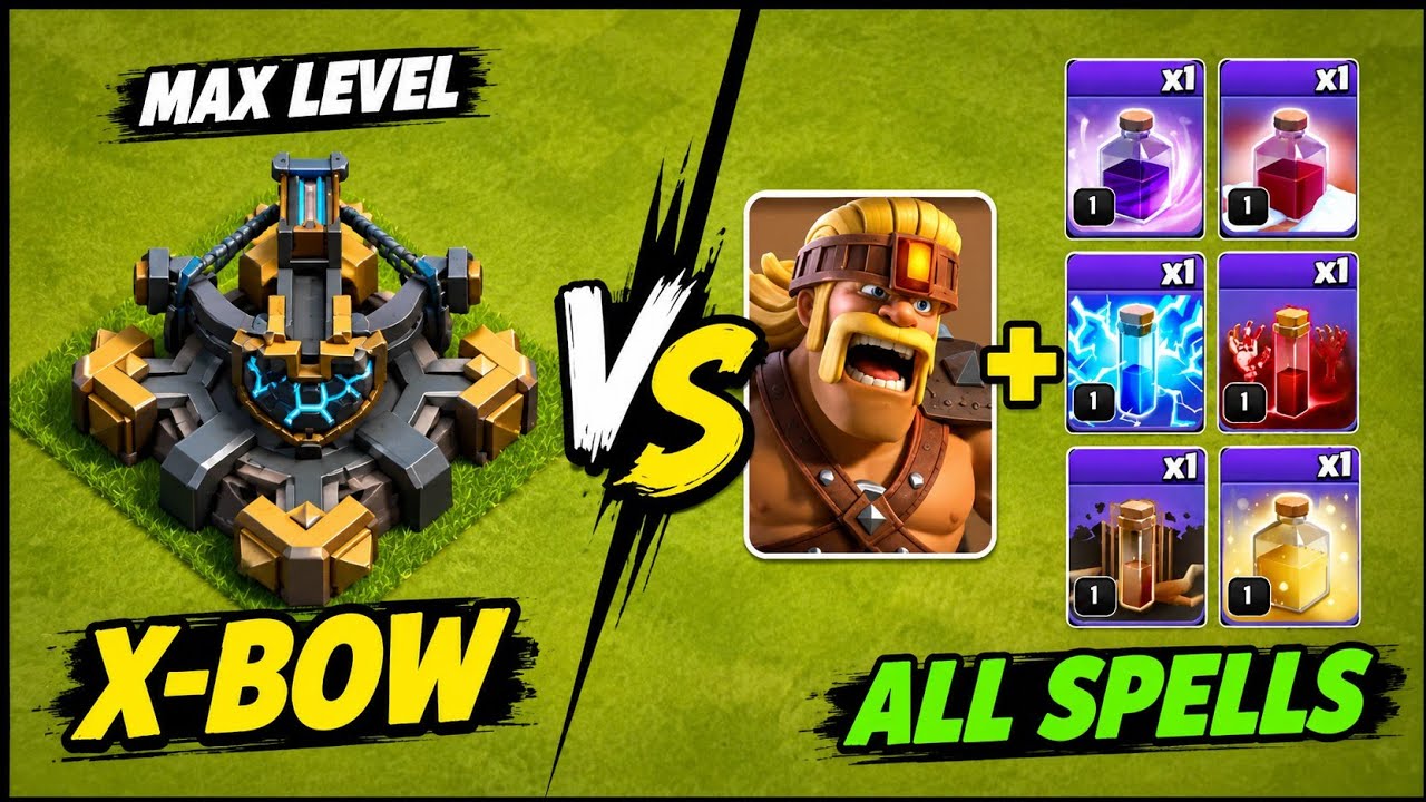 MAX LEVEL X-BOW vs Super Barbarian + ALL SPELLS | Can He Destroy It? | Clash of Clans
