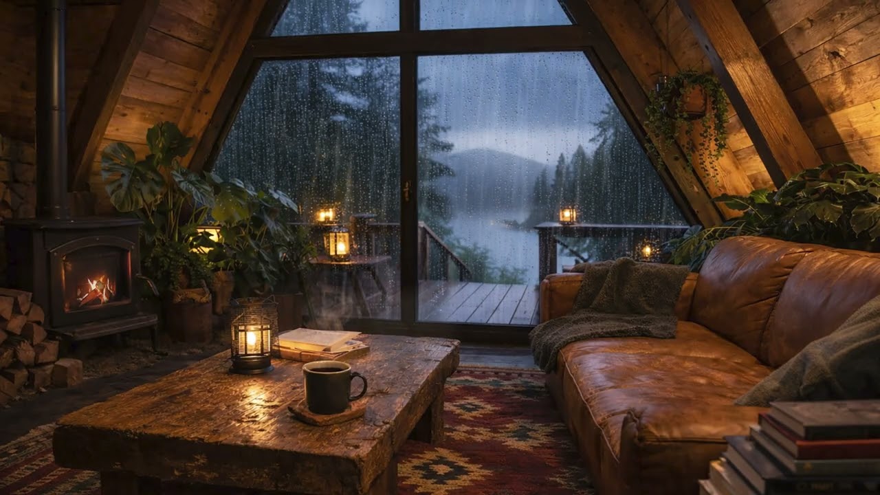 Rainy A-Frame Cabin at Dusk 🌧️🔥 | Cozy Fireplace & Rain Sounds for Sleep, Study & Relaxation