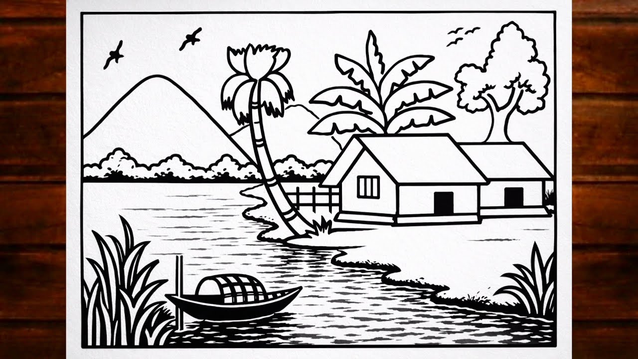 How to draw easy scenery drawing beautiful village landscape scenery step by step/Riverside scenery
