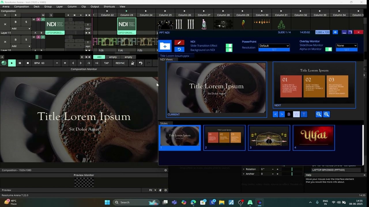 resolume arena to use ppt ndi