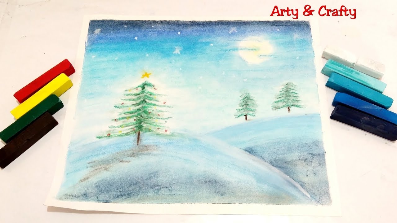 Christmas Tree in Snow Drawing/Moonlight Landscape Painting/Winter Snow Painting for Beginner