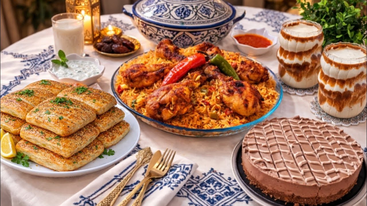 فطور رمضان 2026 🔥 مائدة اقتصادية فخمة بـ4 وصفات ناجحة 100% (أرز بالدجاج + مسمن معمر + تشيزكيك)