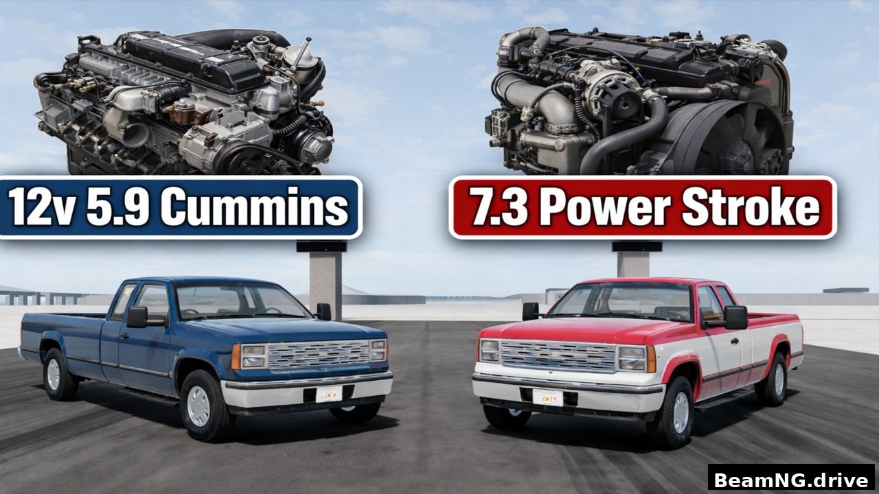 Beamng: 12 valve 5.9 cummins vs 7.3 powerstroke