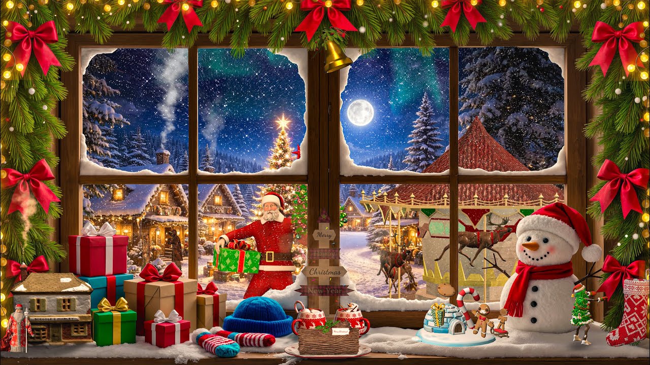 Christmas Window Scene Ambience | Cozy Winter Ambience with a Fireplace, Snowfall and Blizzard Sound